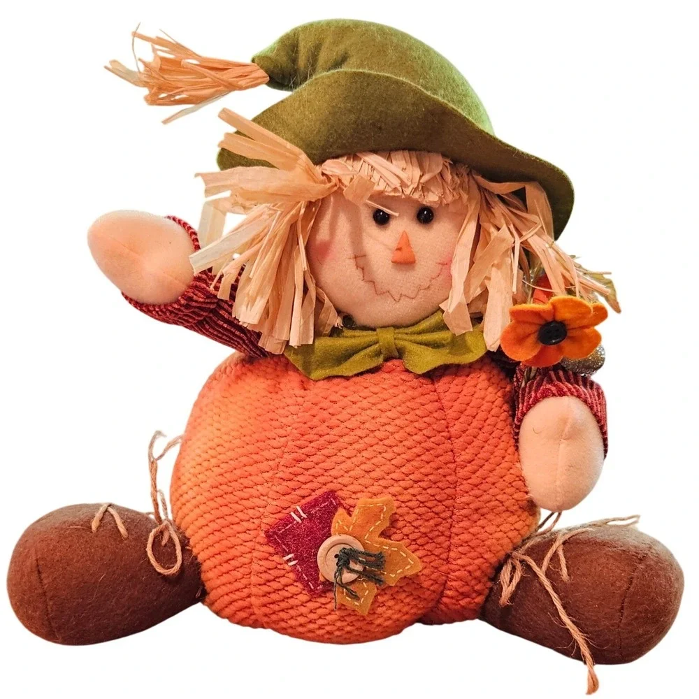 Fall Harvest Scarecrow Pumpkin Plush Tabletop Decor Orange Green Rustic 12 Inch